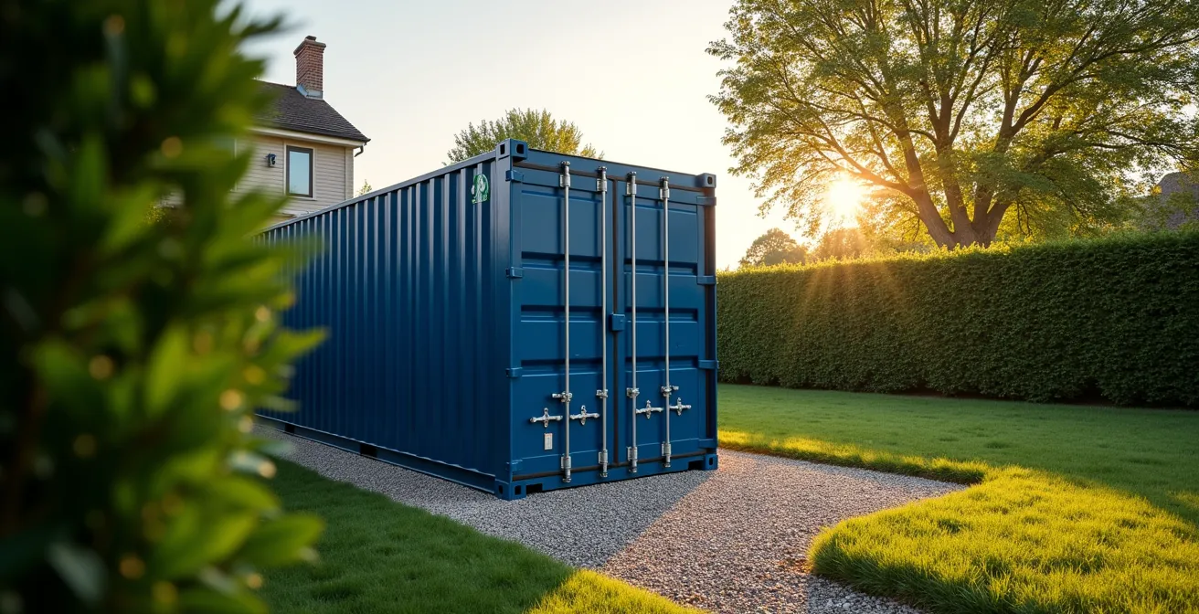 Conteneur maritime posé dans un jardin résidentiel entouré de verdure