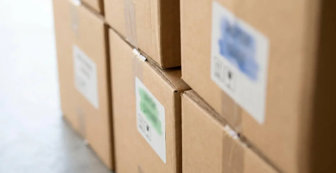 Empilement de cartons de déménagement avec étiquettes de code couleur visibles dans un espace de stockage organisé