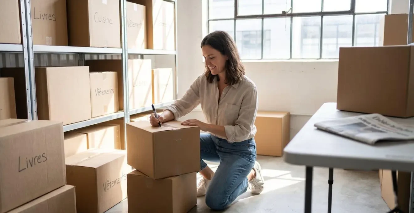 Une femme vue de dos classe des cartons étiquetés dans un espace de stockage bien éclairé