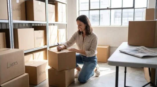 Une femme vue de dos classe des cartons étiquetés dans un espace de stockage bien éclairé