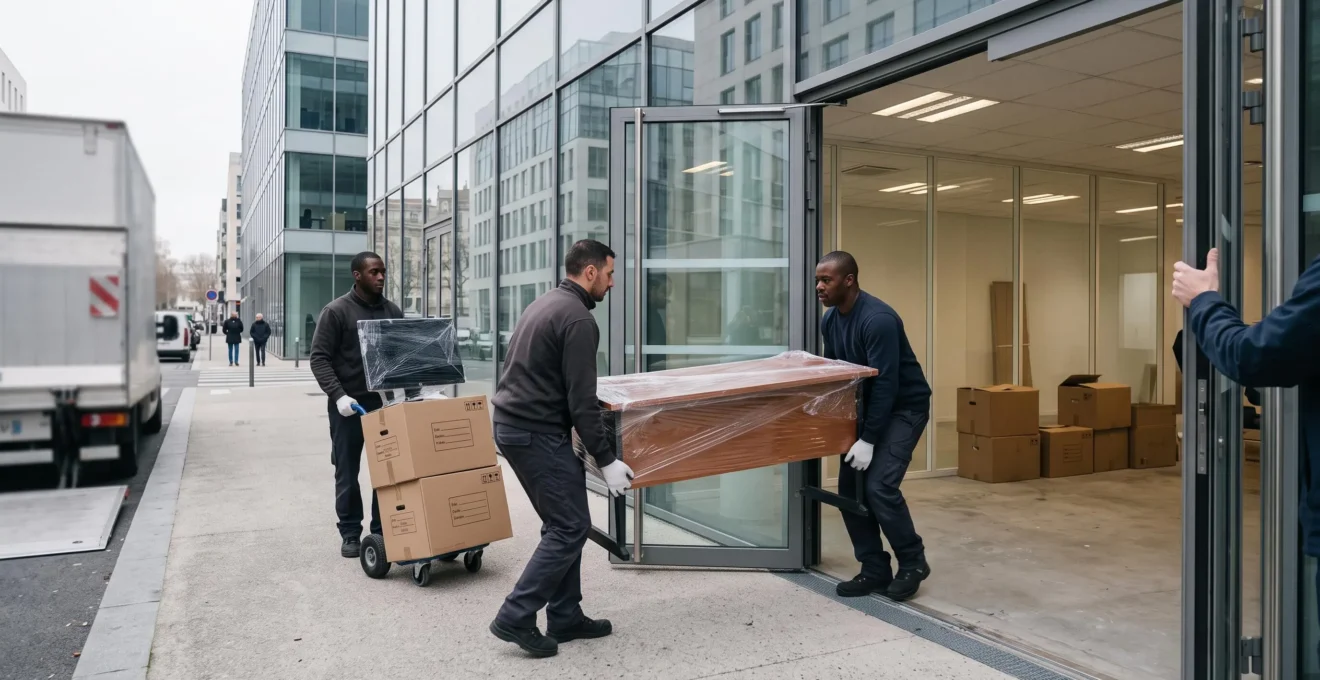 Des déménageurs transportent un bureau emballé à travers le hall d'un immeuble de bureaux à Bordeaux lors d'un transfert d'entreprise.
