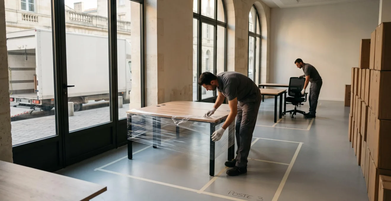 Des déménageurs installent des bureaux et déballent le mobilier dans les nouveaux locaux d'une entreprise à Bordeaux.