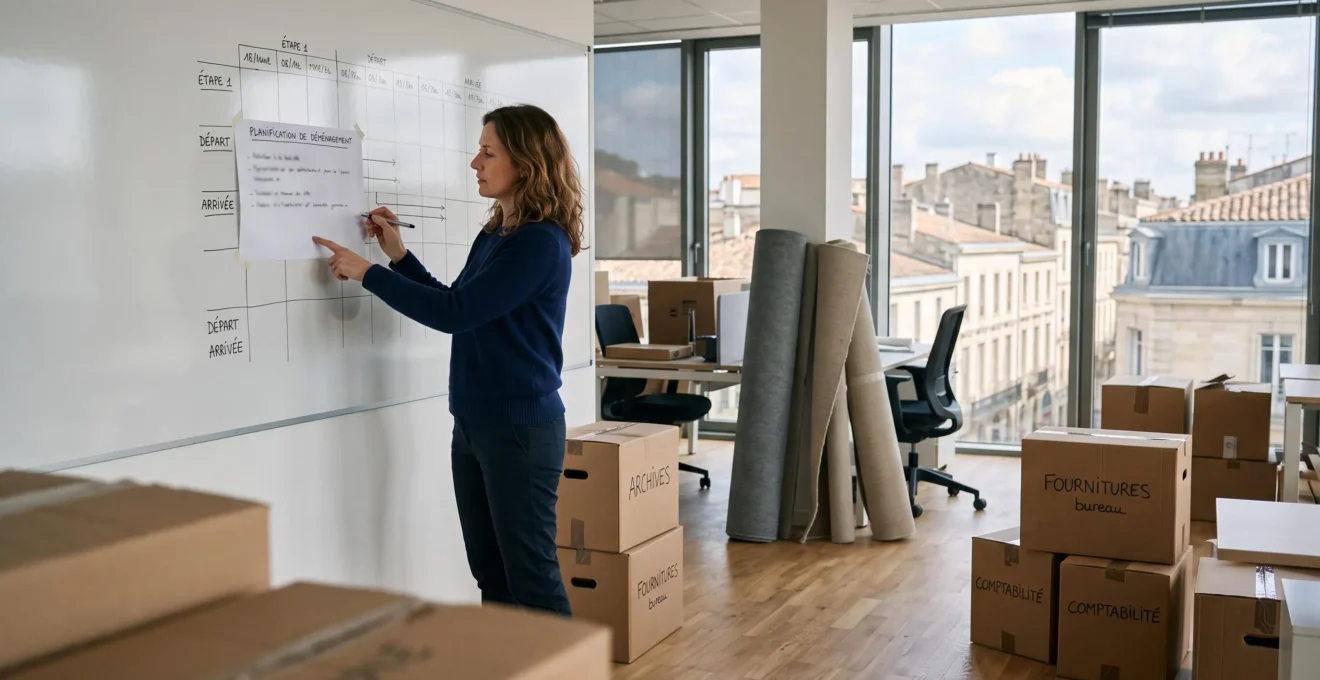 Une responsable de bureau examine un rétroplanning de déménagement affiché sur un tableau blanc dans un open space en cours de préparation.
